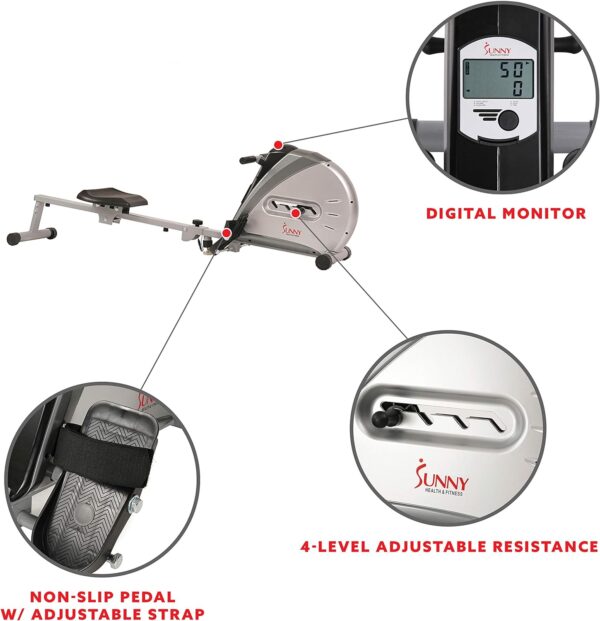 Sunny Health & Fitness Rowing Machine Rower Ergometer with Digital Monitor, Inclined Slide Rail, 220 LB Max Weight and Foldable - SF-RW5606 - Image 4