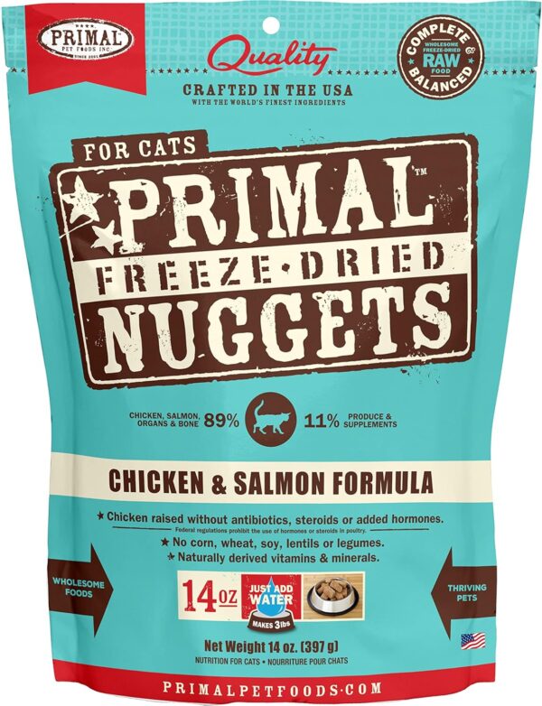 Primal Freeze Dried Cat Food Nuggets Chicken & Salmon; Complete & Balanced Meal or Topper; Premium, Healthy, Grain Free, High Protein Raw Cat Food with Probiotics (14 oz) - Image 2