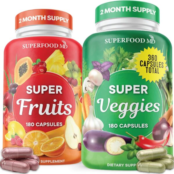 Superfood Fruit and Veggie Supplement - 360 Whole Super Fruit and Vegetable Supplements & Vitamin, Natural Energy Levels, Soy Free, Vegan Capsules - 180 Count (Pack of 2) - Image 2