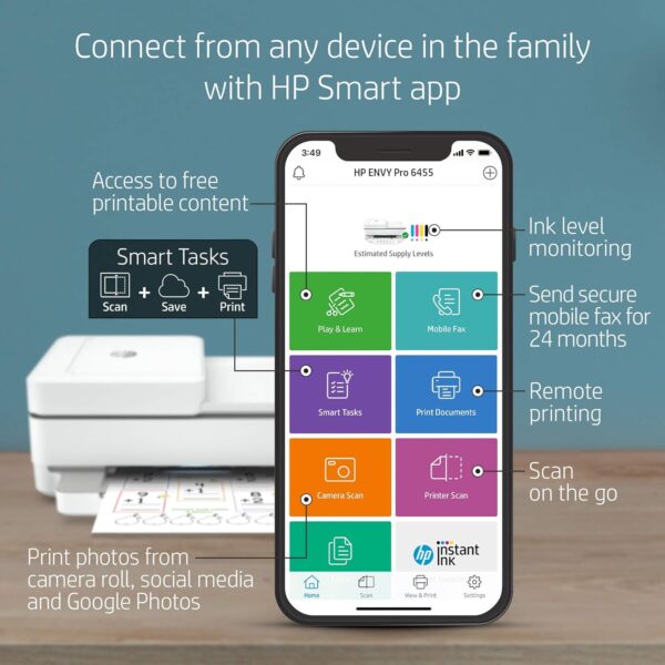 HP Envy Pro 6455 Wireless All-in-One Printer | Mobile Print, Scan & Copy | Auto Document Feeder (5SE45A) (Renewed) - Image 4