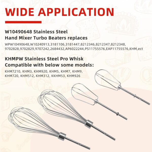 Fetechmate KHM2B W10490648 Hand Mixer Turbo Beaters (2 Pack) & KHMPW Stainless Steel Pro Whisk(2 Pack)-Replace AP5644233, PS4082859, KHM2B, KHM512BM - Image 6