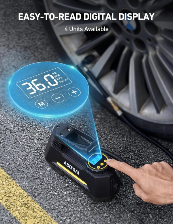 AstroAI Tire Inflator Portable Air Compressor Tire Air Pump for Car Tires - Car Accessories, 12V DC Auto Pump with Digital Pressure Gauge, Emergency LED Light for Bicycle, Balloons, Yellow - Image 6