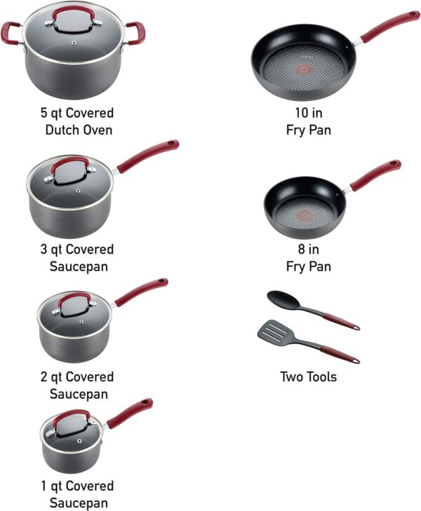 T-fal Ultimate Hard Anodized Nonstick Cookware Set 12 Piece, Oven Broiler Safe 600F, Kitchen Cooking Set w/ Fry Pans, Saucepans, Dutch Oven, Kitchen Utensils, Pots and Pans, Dishwasher Safe, Black - Image 3