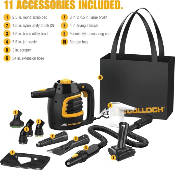 McCulloch MC1230 Handheld Steam Cleaner with Extension Hose,Quick heat-up time, 11-Piece Accessory Set, Chemical-Free Cleaning for Tile, Black - Image 7