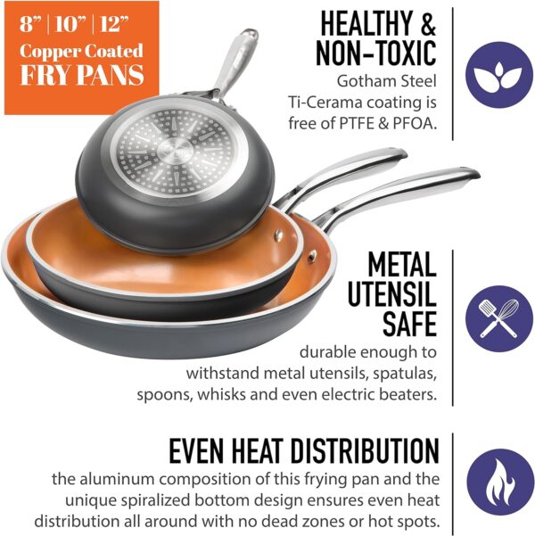 Gotham Steel Frying Pan Set, 3 Piece Nonstick Ceramic Copper Fry Pans Set, 8”, 10” & 12” Nonstick Frying Pans, Nonstick Skillet Set, Omelet Pan, Cookware, PFOA Free, Dishwasher Safe, Cool Touch Handle - Image 8