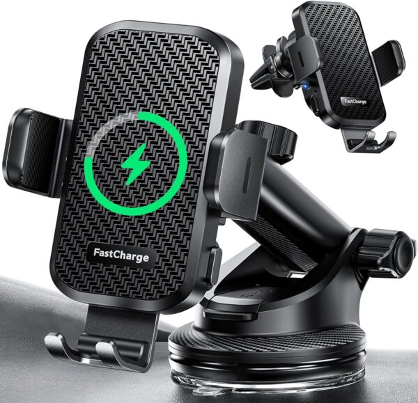 CHGeek Wireless Car Charger with Phone Holder Mount, 15W Fast Charging Auto Clamping Phone Holders for You Car Windshield Dashboard Air Vent Accessories for iPhone, Samsung Galaxy, Google, etc - Image 2