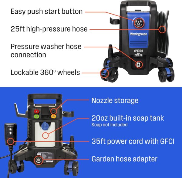 Westinghouse ePX3100 Electric Pressure Washer, 2300 Max PSI 1.76 Max GPM with Anti-Tipping Technology, Onboard Soap Tank, Pro-Style Steel Wand, 5-Nozzle Set + 12 Inch 2500 Max PSI Surface Cleaner - Image 2