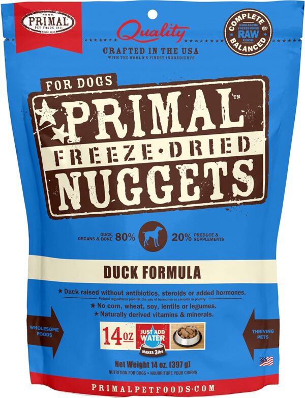 Primal Freeze Dried Dog Food Nuggets, Duck; Complete & Balanced Meal; Also Use as Topper or Treat; Premium, Healthy, Grain Free, High Protein Raw Dog Food, 14 oz - Image 2