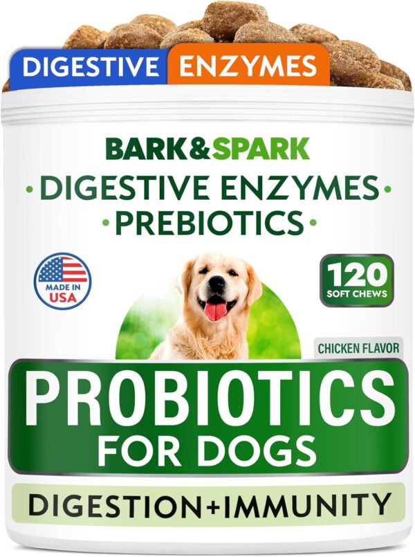 Bark&Spark Dog Probiotics & Digestive Enzymes (Gut Health) Allergy & Itchy Skin - Pet Diarrhea Gas Treatment Upset Stomach Relief, Digestion Health Prebiotic Supplement Tummy Treat (120Ct Chicken) - Image 2