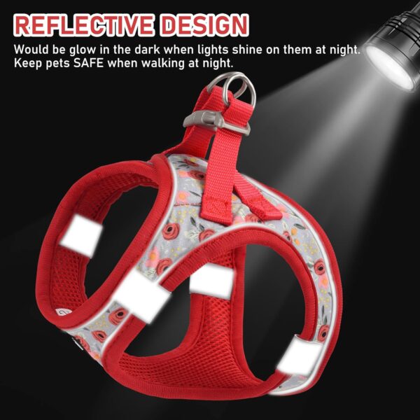 GAMUDA Small Pet Harness Collar and Leash Set, Step in No Chock No Pull Soft Mesh Adjustable Dog Vest Harnesses Plaid Reflective for Dogs Puppy Cats Kitten Rabbit (Red Flower, S) - Image 5