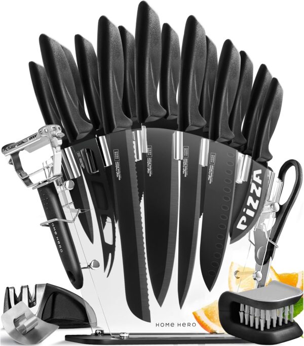 Home Hero Kitchen Knife Set with Sharpener - High Carbon Stainless Steel Knife Block Set with Ergonomic Handles (20 Pcs - Black) - Image 2