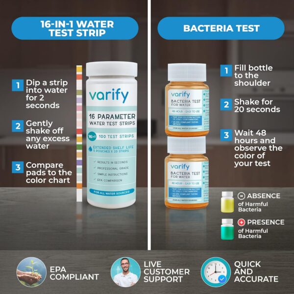 Varify 17 in 1 Complete Drinking Water Test Kit - 100 Strips + 2 Bacteria Tester Kits - Well, Tap, Home, City Water Testing Strip for Lead, Alkaline, Chlorine, Hardness, Iron, Fluoride, Copper & More - Image 5