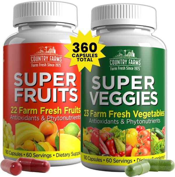 COUNTRY FARMS Fruits and Vegetables Supplement, 180 Fruit and 180 Veggie Capsules, Greens and Reds Packed with Superfoods, Powerful Antioxidants, 60 Servings - Image 2