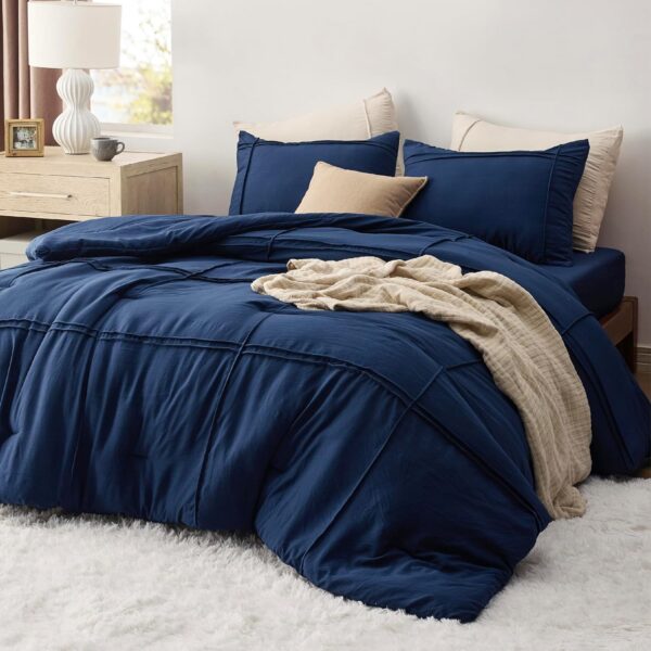 Bedsure Queen Comforter Set with Sheet - 4 Pieces Soft Navy Blue Bedding Sets, Grid Pinch Pleat, All Season Lightweight Fluffy Bed Set with Solid Boho Comforter, Pillowcases & Sheet - Image 2