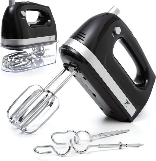 Moss & Stone Black Hand Mixer With Snap-On Storage Case, 5 Speed Hand Mixer Electric, 250W Power handheld Mixer for Baking Cake Egg Cream Food Beater,+ 4 Stainless Steel Accessories - Image 2