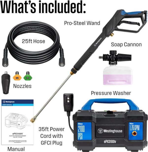 Westinghouse ePX3100v Electric Pressure Washer, 2100 Max PSI 1.76 Max GPM, Built-in Carry Handle, Detachable Foam Cannon, Pro-Style Steel Wand, 4-Nozzle Set, for Cars/Fences/Driveways/Home/Patios - Image 8