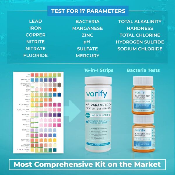 Varify 17 in 1 Complete Drinking Water Test Kit - 100 Strips + 2 Bacteria Tester Kits - Well, Tap, Home, City Water Testing Strip for Lead, Alkaline, Chlorine, Hardness, Iron, Fluoride, Copper & More - Image 4