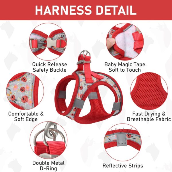 GAMUDA Small Pet Harness Collar and Leash Set, Step in No Chock No Pull Soft Mesh Adjustable Dog Vest Harnesses Plaid Reflective for Dogs Puppy Cats Kitten Rabbit (Red Flower, S) - Image 4