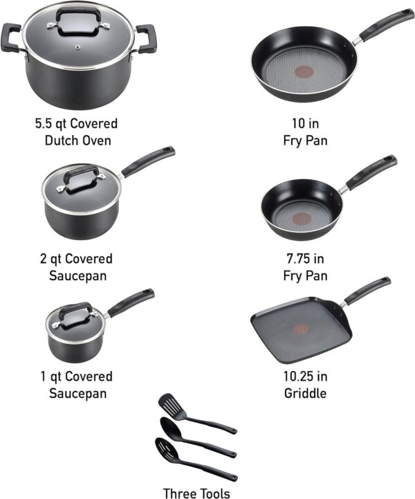 T-fal Signature Nonstick Cookware Set 12 Piece, Oven Broiler Safe 350F, Pots and Pans, Kitchen Cooking Set w/ Fry Pans, Saucepans, Saute Pan, Dutch Oven, Griddle, Kitchen, Home, Dishwasher Safe, Black - Image 3