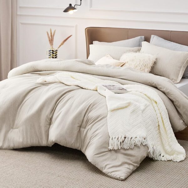 Bedsure Queen Comforter Set - Beige Queen Size Comforter, Soft Bedding for All Seasons, Cationic Dyed Bedding Set, 3 Pieces, 1 Comforter (90"x90") and 2 Pillow Shams (20"x26"+2") - Image 8