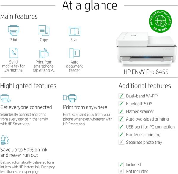 HP Envy Pro 6455 Wireless All-in-One Printer | Mobile Print, Scan & Copy | Auto Document Feeder (5SE45A) (Renewed) - Image 6