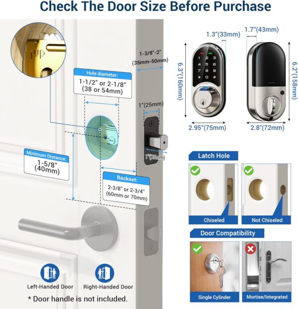 Veise Smart Lock, Fingerprint Door Lock, 7-in-1 Keyless Entry Door Lock with App Control, Electronic Touchscreen Keypad, Smart Deadbolt, Biometric Smart Locks for Front Door, Satin Nickel - Image 7