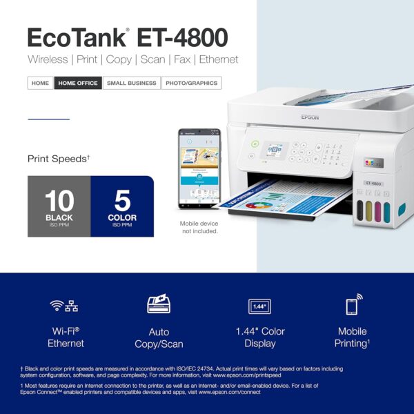 Epson EcoTank ET-4800 Wireless All-in-One Cartridge-Free Supertank Printer with Scanner, Copier, Fax, ADF and Ethernet – Ideal-for Your Home Office, White - Image 5