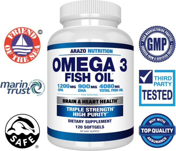 Arazo Nutrition Wild Caught Omega 3 Fish Oil – 120 Soft Gels – 4,080mg High EPA 1200mg DHA 900mg Lemon Flavor Burpless Softgels - Image 3