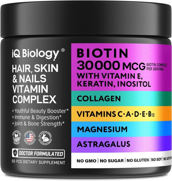 IQ BIOLOGY Biotin Keratin Collagen for Women - Hair Skin and Nails Vitamins for Women with Magnesium Vitamin D3 Vitamin C Vitamin E Vitamin B12 Astragalus Hair Growth Vitamins Multivitamin for Women - Image 2