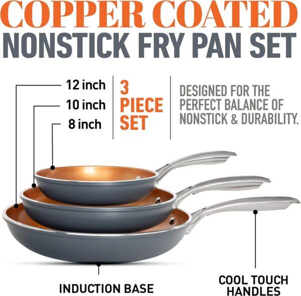 Gotham Steel Frying Pan Set, 3 Piece Nonstick Ceramic Copper Fry Pans Set, 8”, 10” & 12” Nonstick Frying Pans, Nonstick Skillet Set, Omelet Pan, Cookware, PFOA Free, Dishwasher Safe, Cool Touch Handle - Image 5