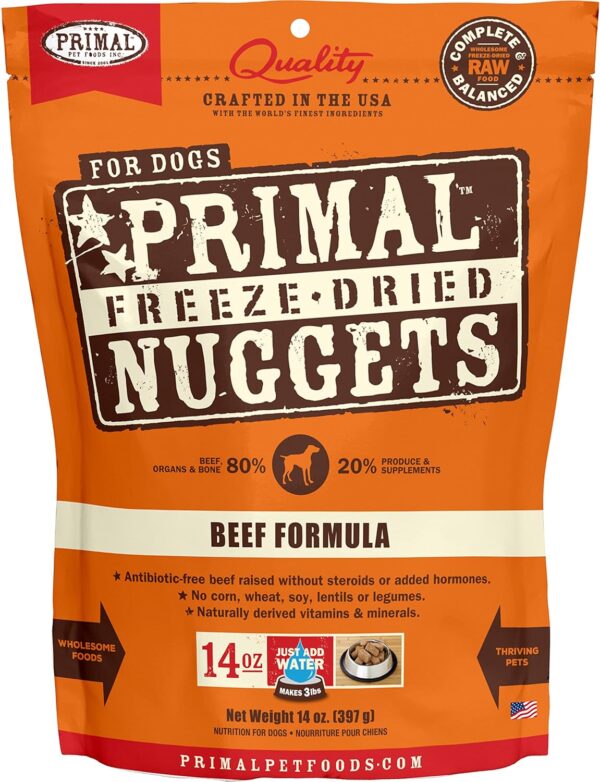 Primal Freeze Dried Dog Food Nuggets, Beef; Complete & Balanced Meal; Also Use as Topper or Treat; Premium, Healthy, Grain Free, High Protein Raw Dog Food, 14 oz - Image 2