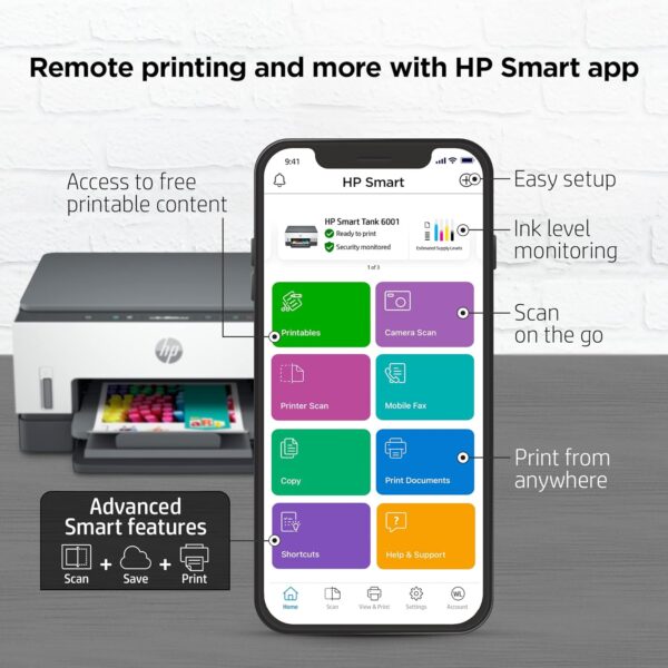 HP Smart -Tank 6001 Wireless Cartridge-Free all in one printer, this ink -tank printer comes with up to 2 years of ink included, with mobile print, scan, copy (2H0B9A) - Image 8