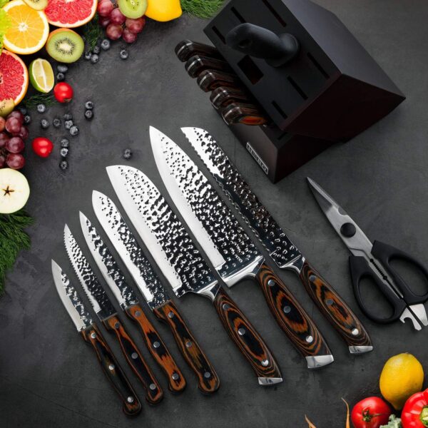 Kitchen Knife Set,15-Piece Knife Set With Block Wooden,Self Sharpening For Chef Knife Set,High Carbon Japan Stainless Steel Hammered Collection Knife Block Set with Steak Knives, Boxed Knife Set - Image 8