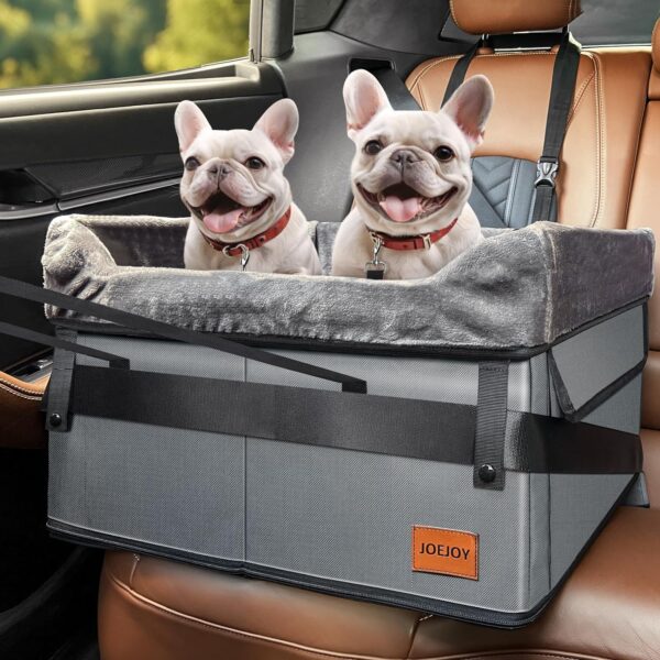 JOEJOY Dog Car Seat for Medium Dogs or 2 Small Dogs, Portable Pet Booster Car Seat for Car with 2 Clip-On Safety Leashes and Adjustable Straps, Perfect for Pets Up to 45lbs (Grey) - Image 2