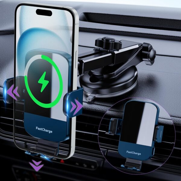 CHGeek 15W Wireless Car Charger - Smart & Fast Charging, Enhanced Suction Power, Robust Auto-Clamping for Secure Mounting - Perfect for iPhone 14/13/12 & Samsung Galaxy S23/S22/S20, etc, Blue - Image 2