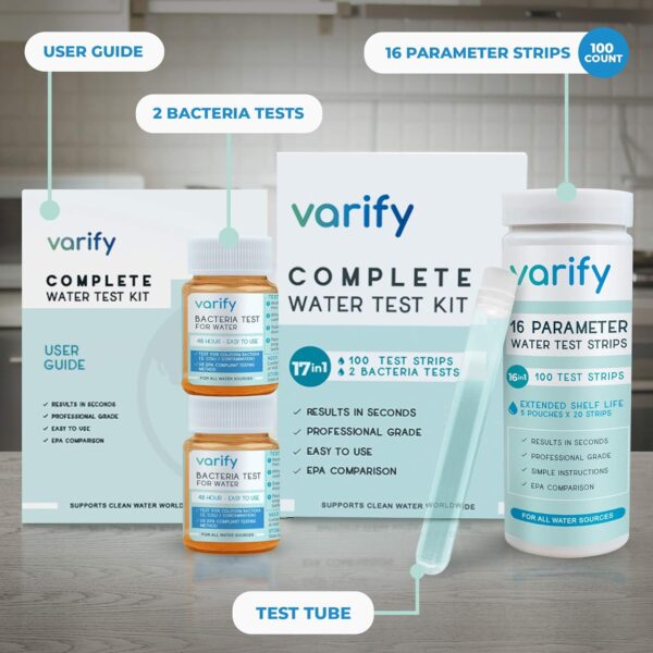 Varify 17 in 1 Complete Drinking Water Test Kit - 100 Strips + 2 Bacteria Tester Kits - Well, Tap, Home, City Water Testing Strip for Lead, Alkaline, Chlorine, Hardness, Iron, Fluoride, Copper & More - Image 3