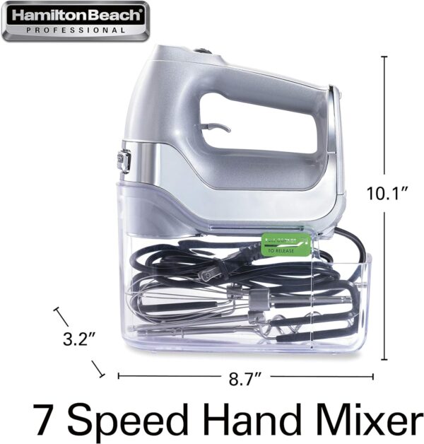 Hamilton Beach Professional 7-Speed Digital Electric Hand Mixer with High-Performance DC Motor, Slow Start, Snap-On Storage Case, SoftScrape Beaters, Whisk, Dough Hooks, Silver and Chrome (62657) - Image 9