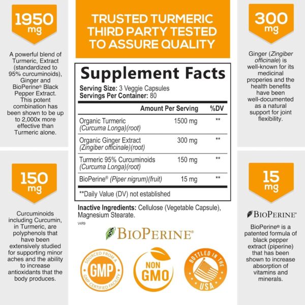 Turmeric Curcumin with BioPerine & Ginger 95% Standardized Curcuminoids 1950mg Black Pepper for Max Absorption Joint Support, Nature's Tumeric Herbal Extract Supplement, Vegan, Non-GMO - 240 Capsules - Image 3