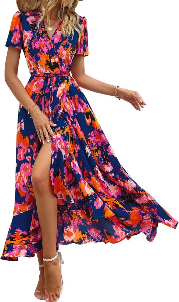 PRETTYGARDEN Women's Summer Wrap Maxi Dress Casual Boho Floral V Neck Short Sleeve Ruffle Hem Split Beach Long Dresses - Image 2