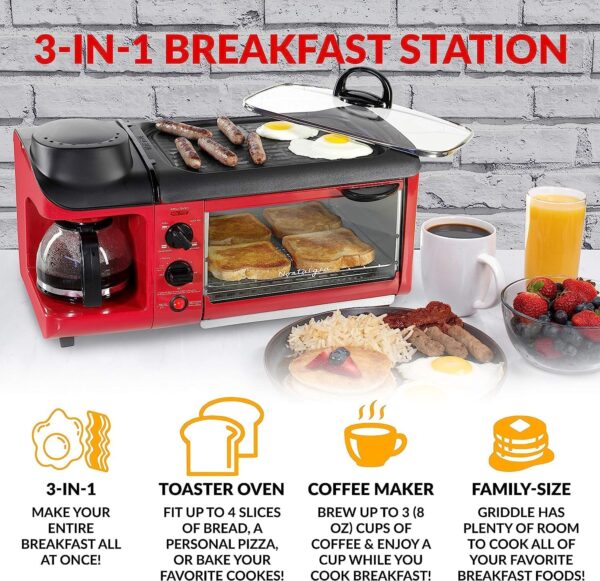 Nostalgia 3-in-1 Breakfast Station - Includes Coffee Maker, Non-Stick Griddle, and 4-Slice Toaster Oven - Versatile Breakfast Maker with Timer - Red - Image 3