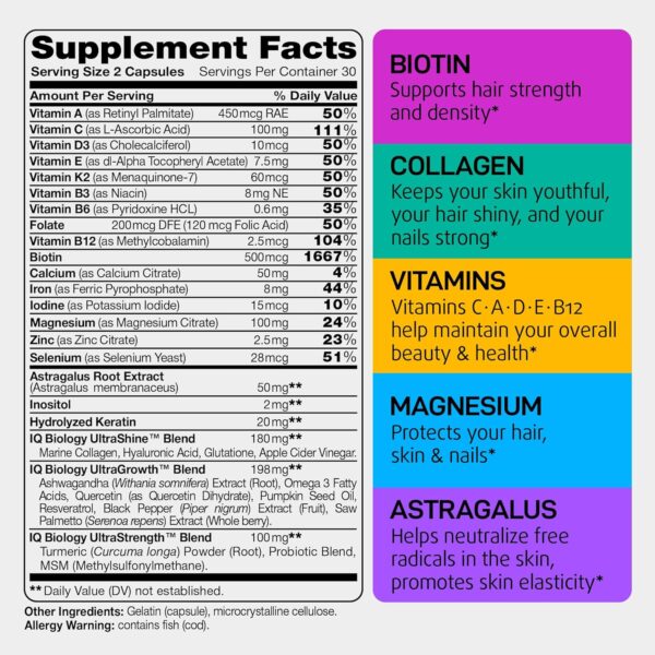 IQ BIOLOGY Biotin Keratin Collagen for Women - Hair Skin and Nails Vitamins for Women with Magnesium Vitamin D3 Vitamin C Vitamin E Vitamin B12 Astragalus Hair Growth Vitamins Multivitamin for Women - Image 3