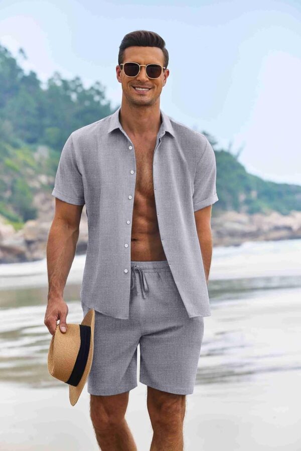 COOFANDY Men's Summer Beach Outfits 2 Piece Short Sleeve Shirts and Shorts Vacation Texture Linen Sets for Men - Image 3