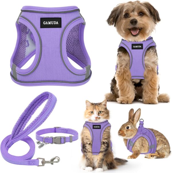 GAMUDA Small Pet Harness Collar and Leash Set, Step in No Chock No Pull Linen Fabric Soft Mesh Dog Vest Harnesses Reflective for Dogs Puppy Cats Kitten Rabbit (Purple, S) - Image 2