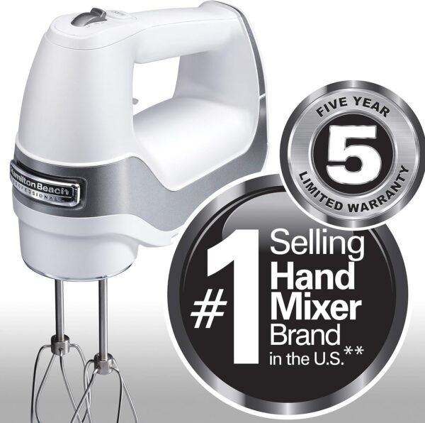 Hamilton Beach Professional 5-Speed Electric Hand Mixer with High-Performance DC Motor, Slow Start, Snap-On Storage Case, Stainless Steel Beaters & Whisk, White (62652) - Image 9