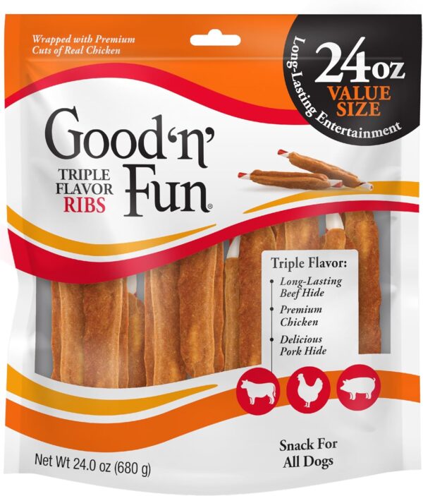 GOOD 'N' FUN Triple Flavor Ribs, Rawhide Snack for All Dogs, 24 oz - Image 2