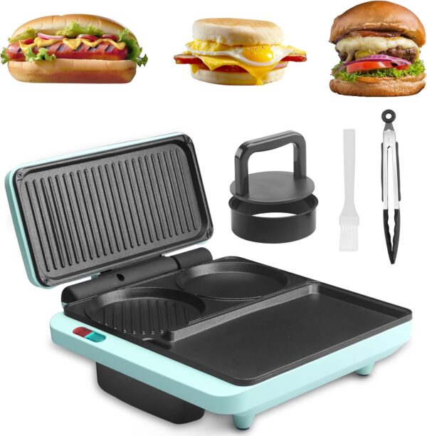 Baker's Friend Breakfast Sandwich Maker, Nonstick Electric Griddle & Grill Combo, 3 in 1 Breakfast Station, Make Egg Muffin Sandwiches Burgers Hot dogs & Pancakes, Includes Burger Press, Tong & Brush - Image 2