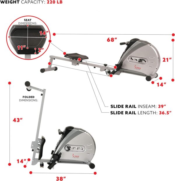 Sunny Health & Fitness Rowing Machine Rower Ergometer with Digital Monitor, Inclined Slide Rail, 220 LB Max Weight and Foldable - SF-RW5606 - Image 6