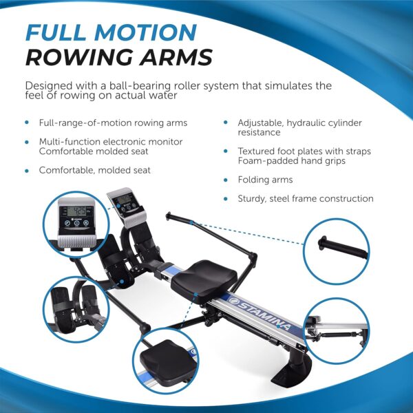 Stamina BodyTrac Glider Hydraulic Rowing Machine with Smart Workout App - Rower Workout Machine with Cylinder Resistance - Up to 250 lbs Weight Capacity - Image 5