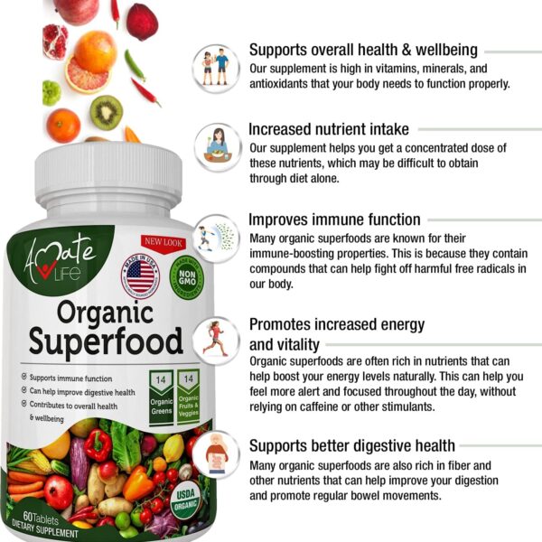 Organic Superfood Greens Fruits and Veggies Complex - Best Dietary Supplement with 14 Greens and 14 Fruits & Vegetables with Alfalfa Rich in Antioxidants Organic Ingredients Non-GMO 60 Tablets - Image 3