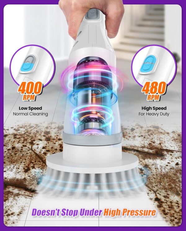 Electric Spin Scrubber, Cordless Cleaning Brush IPX7 Waterproof with 6 Replaceable Brush Heads, 2H Power Dual Speed, Shower Scrubber with Extension Handle for Bathroom Tub Tile Floor Car - Image 3